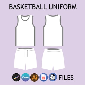 May include: A white basketball uniform with grey trim. The uniform includes a sleeveless jersey and shorts. The jersey has a round neckline. The shorts have a drawstring waistband.