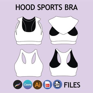 May include: A graphic illustration of a sports bra design with a hood. The design is shown in four variations, with white and black color schemes. The text "HOOD SPORTS BRA" is at the top, and file type icons are at the bottom.