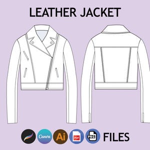 May include: A black and white line drawing of a leather jacket. The jacket has a zip fastening, a collar, and long sleeves. The drawing shows the front and back views of the jacket.