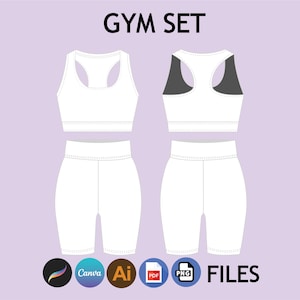 May include: White gym set with a sports bra and biker shorts. The sports bra has a racerback style and the shorts have a high waist. The set is available in digital files for download.