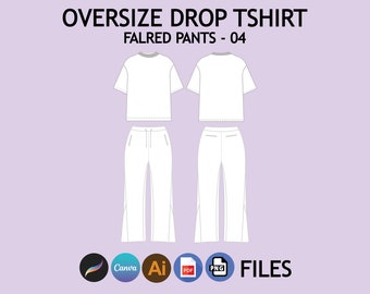 May include: A white oversized drop t-shirt and flared trousers mockup. The design is shown from the front and back. The image includes the text "OVERSIZE DROP TSHIRT" and "FALRED PANTS - 04". The image also includes icons for Canva, Adobe Illustrator, PDF, and PNG files.