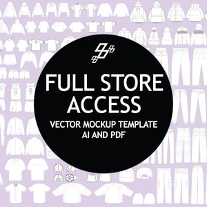 Puede incluir: Una ilustración en blanco y negro de varias prendas de vestir, incluyendo camisas, pantalones, chaquetas y sombreros. El texto "FULL STORE ACCESS" se muestra en blanco sobre un círculo negro en el centro de la imagen. El texto "VECTOR MOCKUP TEMPLATE AI AND PDF" se muestra debajo del círculo.