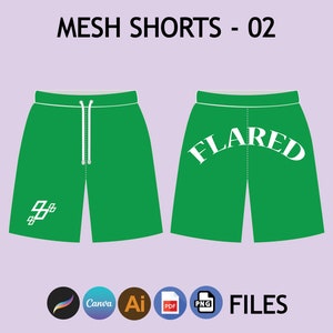 May include: Green mesh shorts with white drawstring and white text that says "FLARED" on the back and "##" on the front.