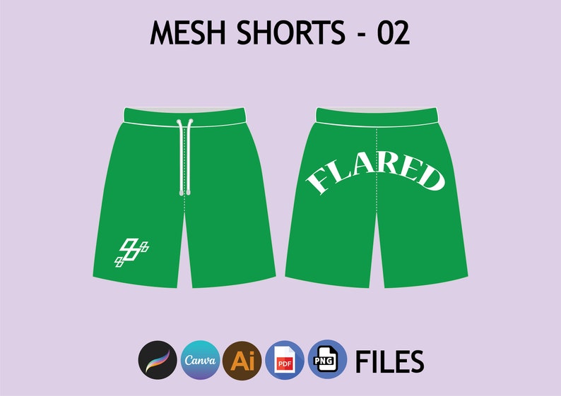 May include: Green mesh shorts with white drawstring and white text that says "FLARED" on the back and "##" on the front.