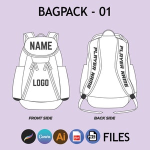 Puede incluir: Un dibujo en blanco y negro de una mochila con las palabras "NAME" y "LOGO" en la parte delantera y "PLAYER NAME" en la parte trasera.