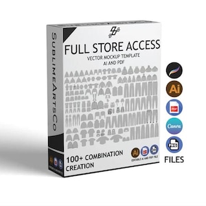 Può includere: Una scatola con il testo "FULL STORE ACCESS" e "100+ COMBINATION CREATION" su di essa. La scatola è bianca con testo nero e uno sfondo grigio. La scatola è circondata da icone per Adobe Illustrator, Adobe Photoshop, Canva e file PNG.