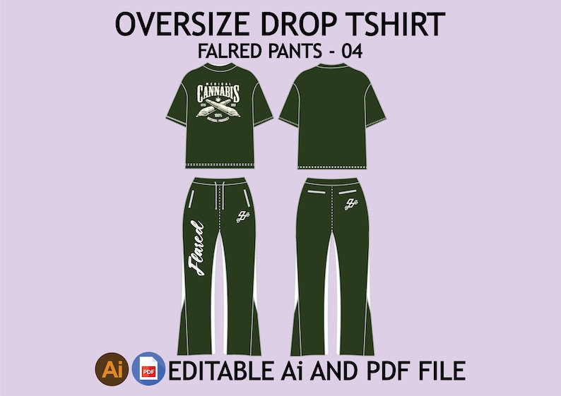 May include: A green oversized t-shirt with a cannabis leaf graphic and the text "MEDICAL CANNABIS" printed on the front. The t-shirt is paired with green flared pants with white accents and the word "Flared" printed on the side.