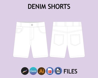 May include: A white denim shorts template, showing both the front and back views. The template is a simple outline of the shorts, with no details or embellishments.