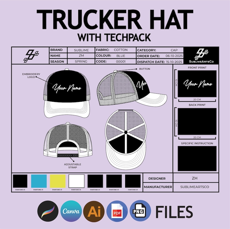 Trucker Cap Pattern Trucker Hat Design Template | AI, PDF Procreate File | Printable Hat ...