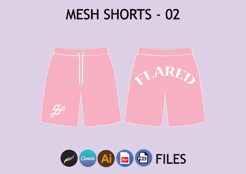 May include: Pink mesh shorts with a white drawstring and white text that says "FLARED" on the back and "99" on the front.