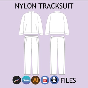May include: White nylon tracksuit with a zippered jacket and pants. The jacket has two pockets and the pants have two side pockets and two back pockets. The pants have a white stripe down the side of each leg. The image includes the text "NYLON TRACKSUIT" and "FILES" with icons for Canva, Adobe Illustrator, PDF, and PNG.