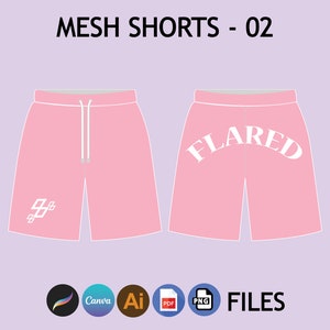 May include: Pink mesh shorts with a white drawstring and white text that says "FLARED" on the back and "99" on the front.