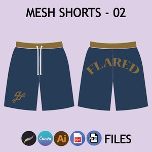 May include: A pair of blue mesh shorts with a brown waistband. The shorts have a white drawstring and a gold graphic on the left leg. The right leg has the word "FLARED" in gold letters.