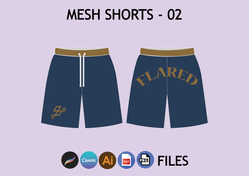 May include: A pair of blue mesh shorts with a brown waistband. The shorts have a white drawstring and a gold graphic on the left leg. The right leg has the word "FLARED" in gold letters.