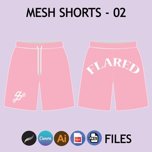 May include: Pink mesh shorts with a white drawstring and white text that says "FLARED" on the back and "99" on the front.