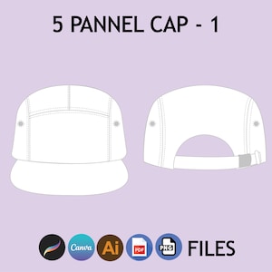 Op de afbeelding: Een witte 5-panel cap mockup met een platte klep en een verstelbare band. De cap wordt van voren en achteren getoond. De tekst "5 PANNEL CAP - 1" staat bovenaan de afbeelding.