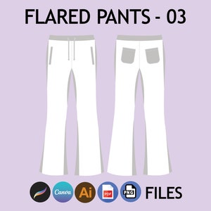 Op de afbeelding: Een witte, uitlopende broek met een trekkoord in de taille en zijzakken. De broek is van voren en van achteren te zien. De afbeelding bevat de tekst "FLARED PANTS - 03" en pictogrammen voor Canva, Adobe Illustrator, PDF en PNG-bestanden.