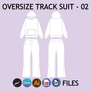 May include: A white oversized tracksuit with a hoodie and trousers. The hoodie has a pouch pocket. The trousers have a drawstring waist and side pockets. The image includes the text "OVERSIZE TRACK SUIT - 02" and icons for Canva, Ai, PDF, and PNG files.