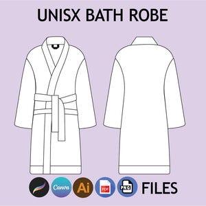 May include: Line drawing of a white unisex bath robe, front and back views, with a belt. The text "UNISX BATH ROBE" is at the top. Below are icons for design software and file types. The background is a light purple color.