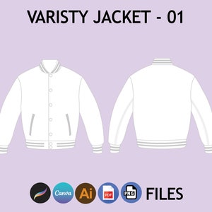 May include: White varsity jacket with a button closure, two pockets, and striped trim around the collar, cuffs, and hem. The jacket is shown from the front and back.