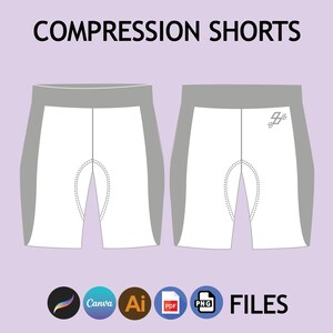 Może przedstawiać: Białe spodenki kompresyjne z szarymi bocznymi panelami. Spodenki mają szew w środkowej części przodu i tyłu. Spodenki mają małe logo na prawej nogawce.