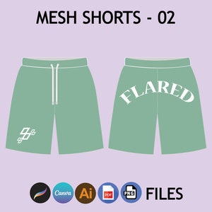 May include: A pair of green mesh shorts with white drawstring and white text on the front and back. The text on the front says "##" and the text on the back says "FLARED".