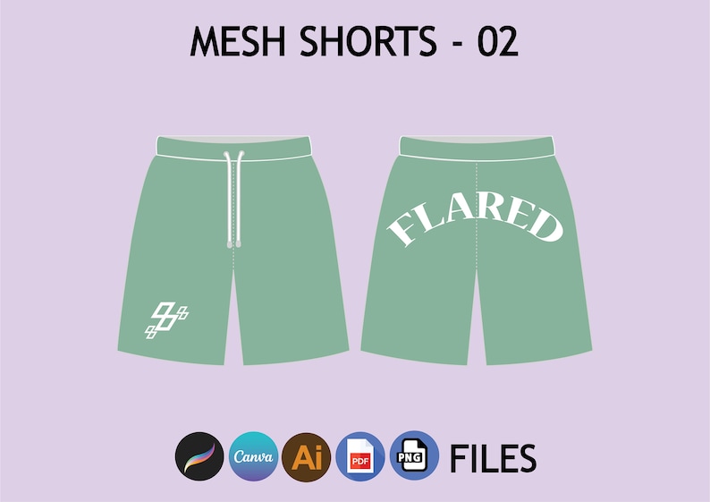May include: A pair of green mesh shorts with white drawstring and white text on the front and back. The text on the front says "##" and the text on the back says "FLARED".