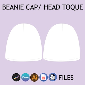 Könnte beinhalten: Eine weiße Beanie-Mütze oder Kopfbedeckung, von vorne gezeigt. Das Bild enthält Symbole für Canva, Adobe Illustrator, Adobe Photoshop und PDF-Dateien.