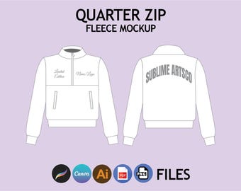 May include: A white quarter-zip fleece mockup with a front and back view. The front features a mock neck, a zipper, and pockets. The back displays the text "SUBLIME ARTSCO". The image includes the text "QUARTER ZIP FLEECE MOCKUP" and file type icons.