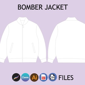 May include: A white bomber jacket mockup with a zipper closure and two pockets. The jacket is shown from the front and back. The image includes the text "BOMBER JACKET" and "FILES" with icons for Canva, Adobe Illustrator, PDF, and PNG.