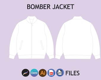 May include: A white bomber jacket mockup with a zipper closure and two pockets. The jacket is shown from the front and back. The image includes the text "BOMBER JACKET" and "FILES" with icons for Canva, Adobe Illustrator, PDF, and PNG.