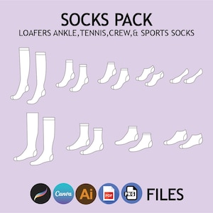 Puede incluir: Ilustración gráfica de varios calcetines blancos sobre un fondo lavanda. La imagen incluye calcetines hasta la rodilla, tobilleros, de tenis, de tripulación y deportivos. El texto en la parte superior dice "SOCKS PACK" y "LOAFERS ANKLE, TENNIS, CREW, & SPORTS SOCKS".