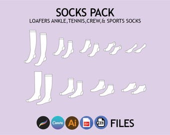 May include: A graphic illustration of various white socks on a lavender background. The image includes knee-high, ankle, tennis, crew, and sports socks. Text at the top reads "SOCKS PACK" and "LOAFERS ANKLE, TENNIS, CREW, & SPORTS SOCKS".