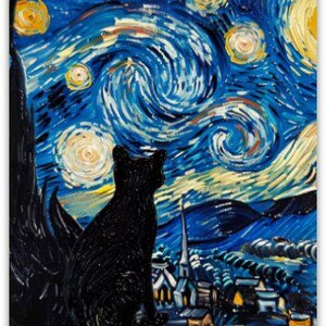 May include: A black cat silhouette against a swirling blue and yellow starry night sky, reminiscent of Vincent van Gogh's 'Starry Night'.
