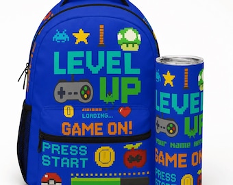 Personalized Gamer Backpack and Tumbler Set | Level Up School Backpack Bundle | Custom Name Backpack | Back to School Gaming Gift