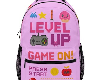 Personalized Pink Gamer Backpack | Custom Name Level Up School Bag | Girls Gaming Backpack | Back to School Gift for Gamers
