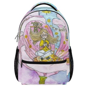 May include: A backpack featuring a watercolor-style illustration of a person with long blonde hair sitting in a meditative pose. The design includes pink and blue swirling clouds, yellow stars, a small shelf with a plant, and a candle.