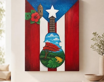 Puerto Rico Canvas Art, Boricua Guitar Flag Print, Island Home Decor