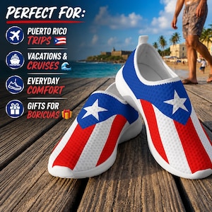 May include: White slip-on shoes with a Puerto Rican flag design. The shoes feature a blue upper with a white star, and red and white stripes on the front. The shoes are on a wooden dock near the ocean. The text on the image says "Puerto Rico Trips, Vacations & Cruises, Everyday Comfort, Gifts for Boricuas."