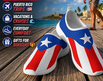 Zapatos sin cordones con la bandera de Puerto Rico / Zapatillas con el orgullo puertorriqueño / Zapatos ligeros para la playa / Para vacaciones y uso diario