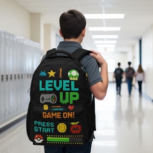 Level Up Gamer Backpack – Pixel Art School Bag  | Video Game Backpack for Kids
