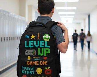 Personalized Gamer Backpack | Level Up School Backpack | Custom Name Video Game Bag | Back to School Backpack for Boys Girls | Gaming Gift