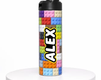 Personalized Multi-Color Building Block Tumbler | 20oz Water Bottle, Custom Name With Handle and Straw