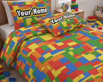 Personalized Building Block Duvet Cover Set, Custom Name Kids Bedroom Decor