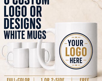 Custom Logo Mugs, 6 Personalized 11 oz Coffee Mugs, Business Event Gifts, Company Swag, Wedding Favors, Corporate Giveaways