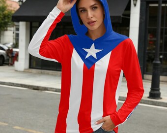 Puerto Rico  Sun Protection Hoodie, Fishing Shirt, UPF 50+Boricua Long Sleeve Rash Guard, Puerto Rican Flag Shirt for Adults