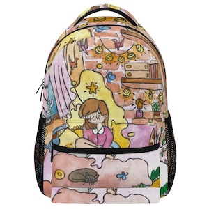 May include: Watercolor backpack featuring a whimsical illustration of a cozy indoor scene. The design includes a girl, a cat, a brick wall, and string lights. The backpack has black mesh side pockets and a top handle.