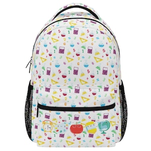May include: White backpack with a repeating pattern of school-themed graphics, including calculators, beakers, and numbers. The backpack has black mesh side pockets and a black zipper pocket. The design features a variety of colors.