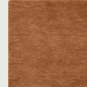 May include: A close-up of a rectangular, rust-colored rug. The rug has a soft, textured appearance and a solid color. The edges of the rug are visible against a white background.