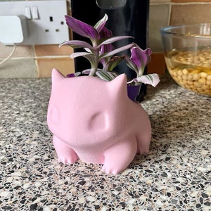 May include: A pink ceramic planter shaped like a cartoon character, with a purple and green plant growing inside.
